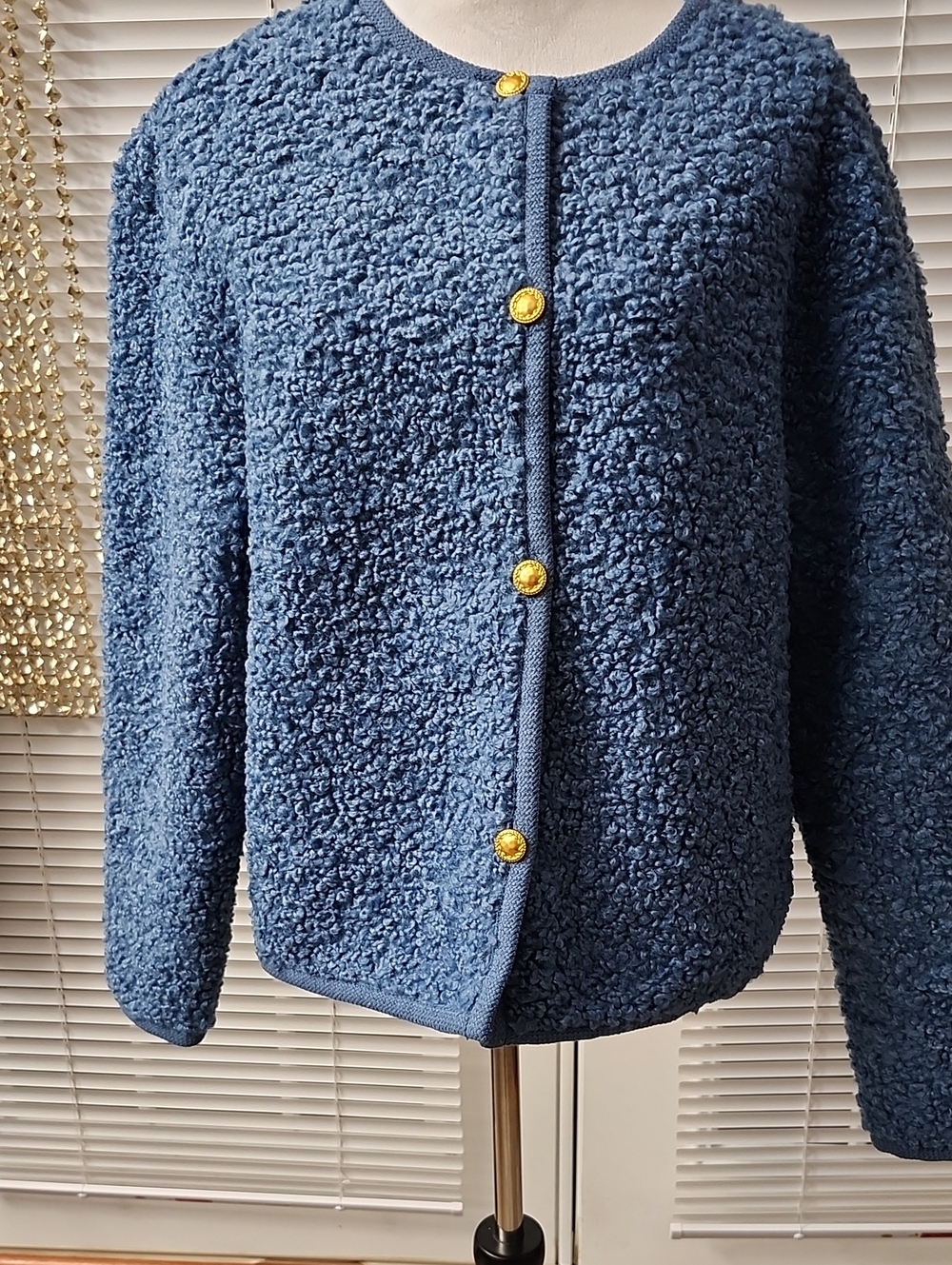 Women's Blue Teddy Jacket with Gold Button Detail